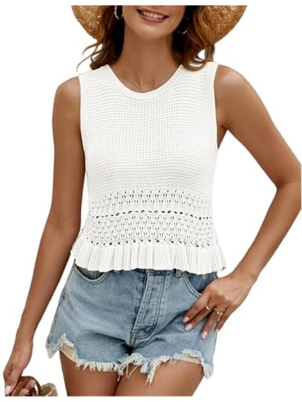 Sexy Knit Sweater Vest Ruffle Hem Hollow Out Slim Fit Soft Tank Top Summer Beach